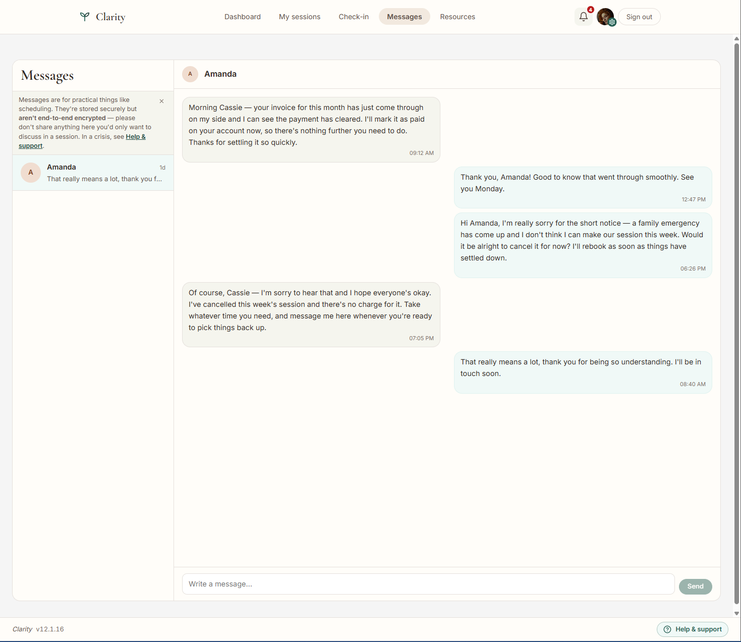Clarity secure client messaging screen
